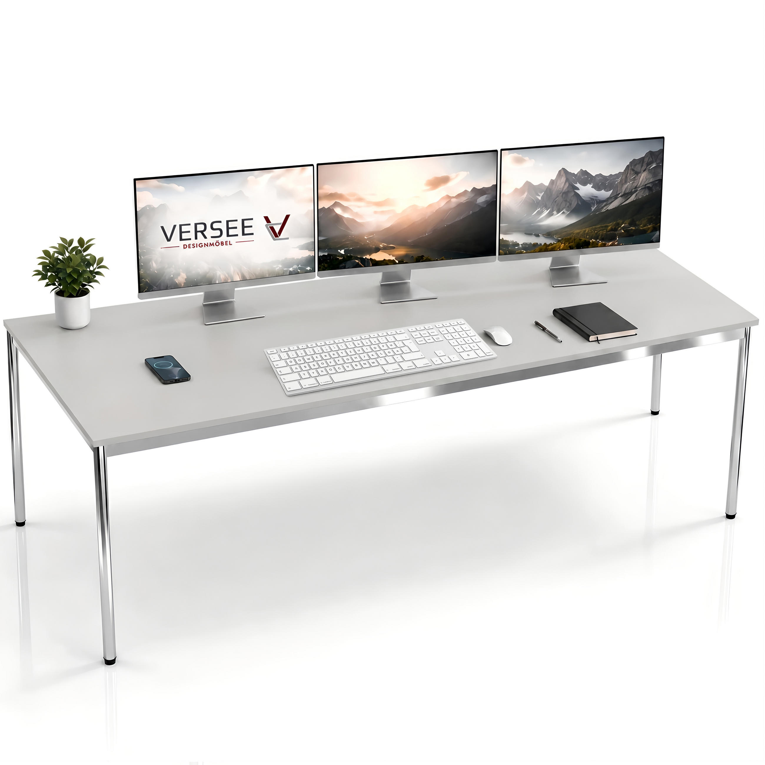SCHREIBTISCH VST1 200 x 80 cm Lichtgrau – höhenverstellbar - Chromfarben/Grau, Holzwerkstoff (200/80/75.5cm) - Versee