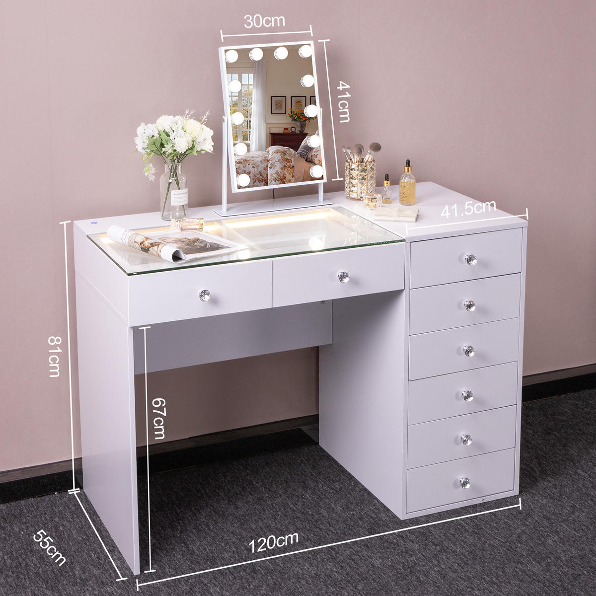 SCHMINKTISCH mit 8 Schubladen 120/55/81 CM und LED Beleuchtung Schminkspiegel Lichtleiste weiß 30/41 cm - Weiß, Holz (55/81/120cm) - VANITII