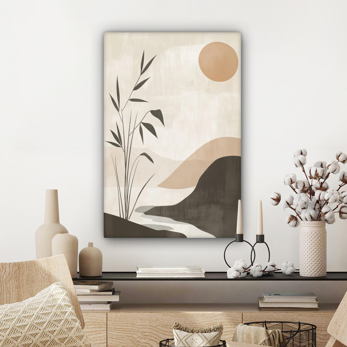 LEINWANDBILD Japandi - Landschaft - Beige Wanddeko 40x60 cm - Cognac, Textil (40/60cm) - MuchoWow