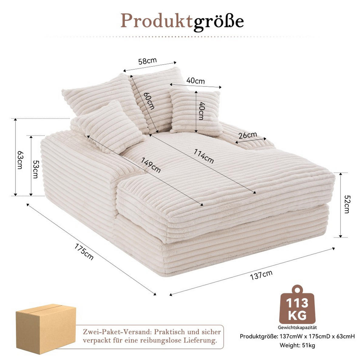 SCHLAFSOFA Luxus-Cord 4 Kissen montagefrei & platzsparend Beige - Beige, Kunststoff (137/63/175cm)