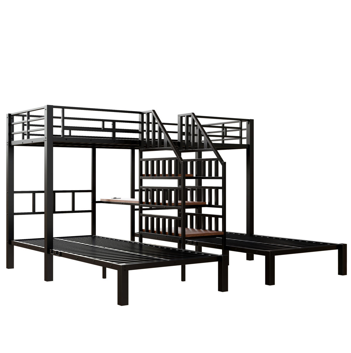 ETAGENBETT 90/200 cm mit 3 Schlafplätzen, LED-Beleuchtung und Schreibtisch - Schwarz, Metall (90/200cm) - BEAOK