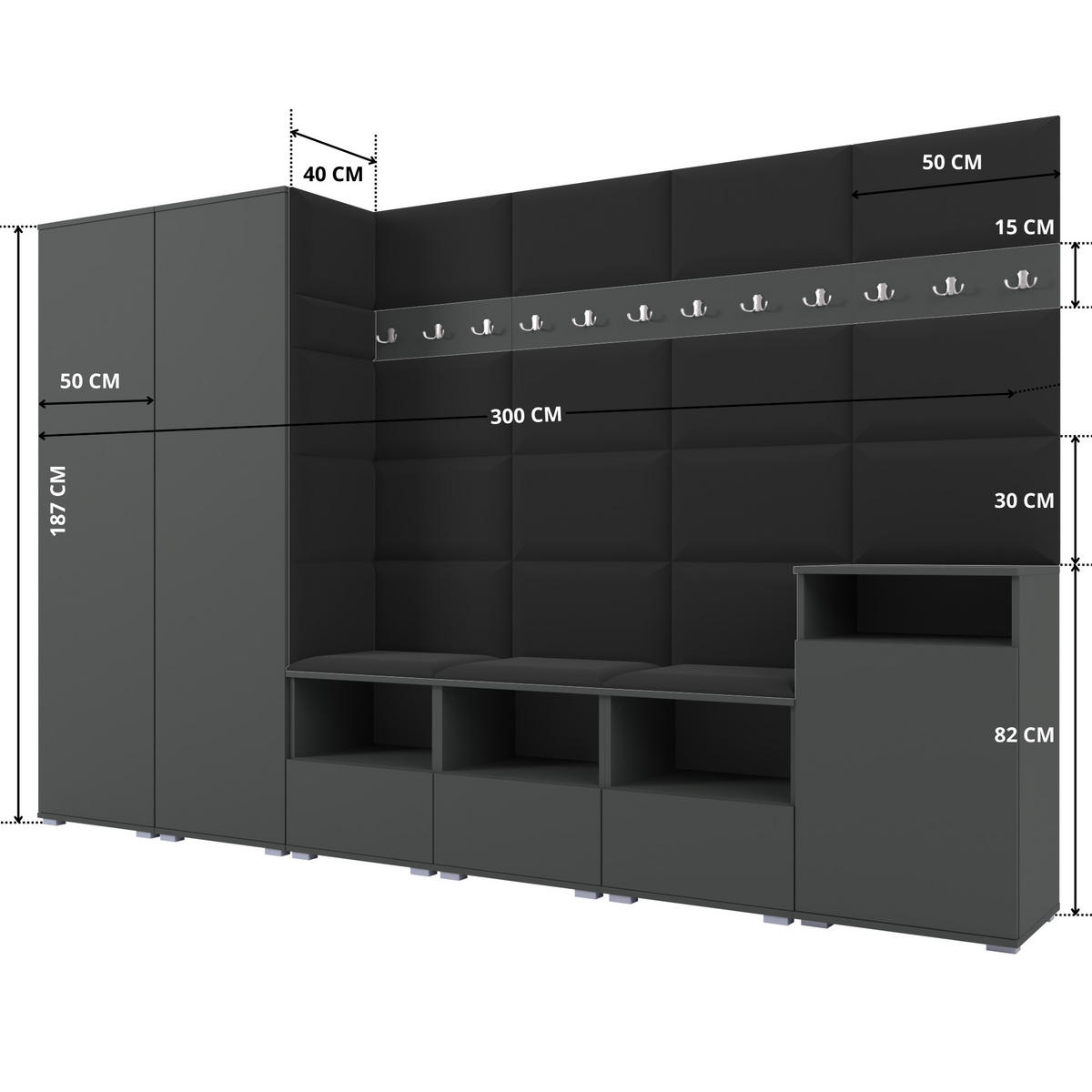 GARDEROBE NELA XII 300 cm (Modulare Flurmöbel Graphit mit Sitzpolster Schwarz 16 Gigantisches Set) - Silberfarben/Schwarz, Holz/Holzwerkstoff (300/187/40cm) - Ravio