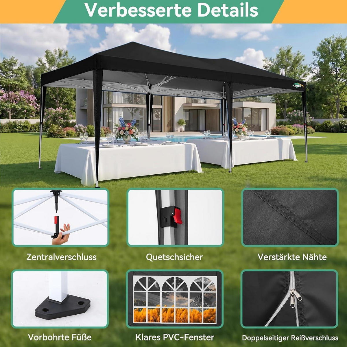 FALTPAVILLON 3x6m Wasserdicht und stabil, winterfest mit 6 Seitenwänden Schwarz - Schwarz, Textil (300/275/600cm)