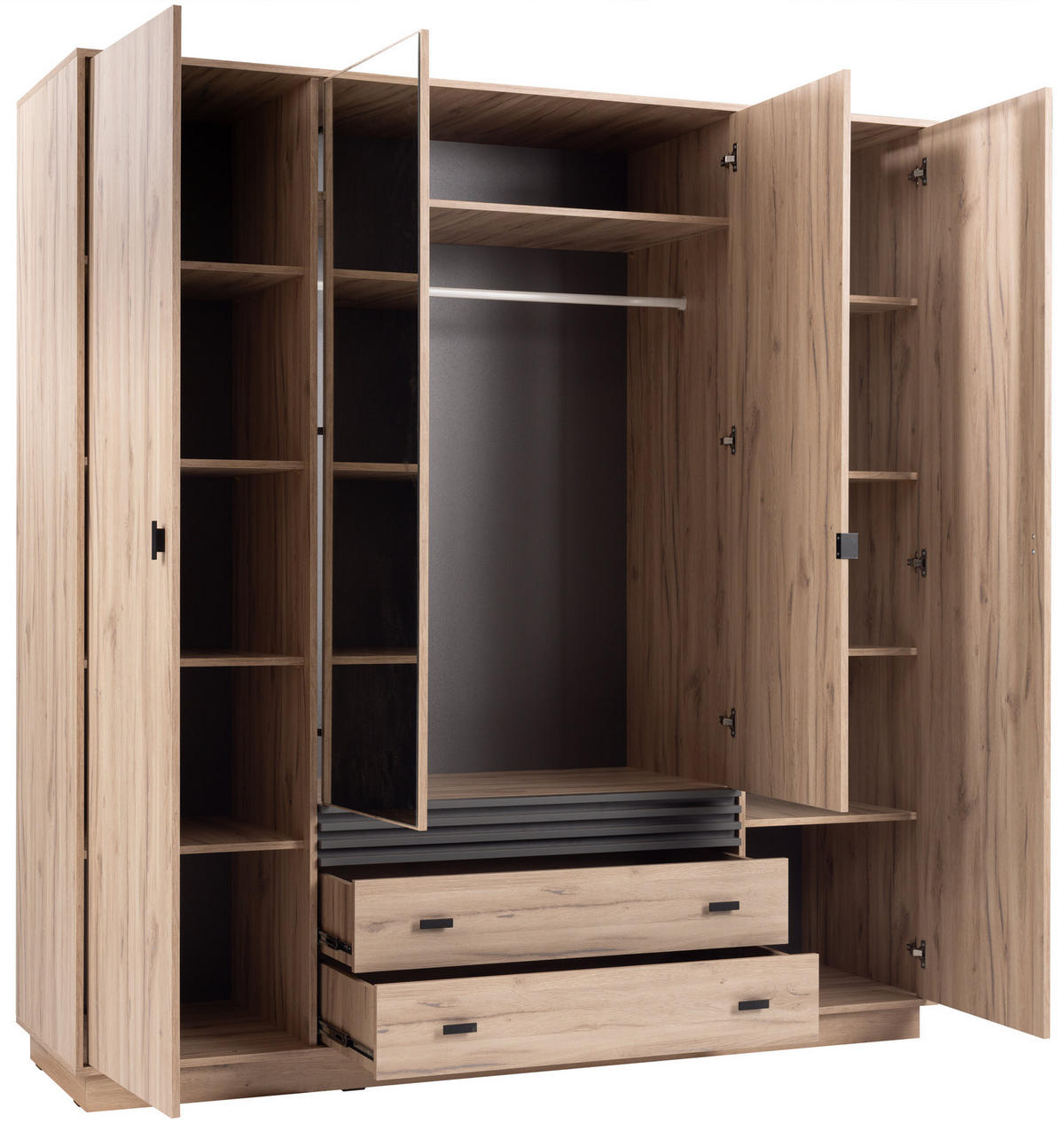 DREHTÜRENSCHRANK PUNTO 200/210/56cm 4-türig mit Spiegel Eichefarben - Eichefarben/Anthrazit, Holzwerkstoff (200/210/56cm) - MASSENO