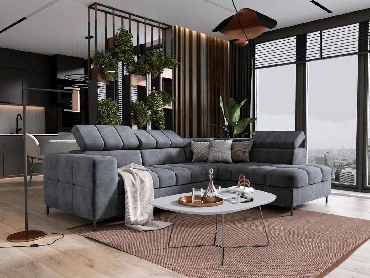 ECKSOFA PABLOS Cloud, L-förmig, Moderne, mit verstellbarem Kopfteil, Schlaf- & Lagermöglichkeiten, freistehend, RECHTS 279x201x97 cm Dark grey - Dunkelgrau, Holz/Textil (279/201cm) - DomoHome