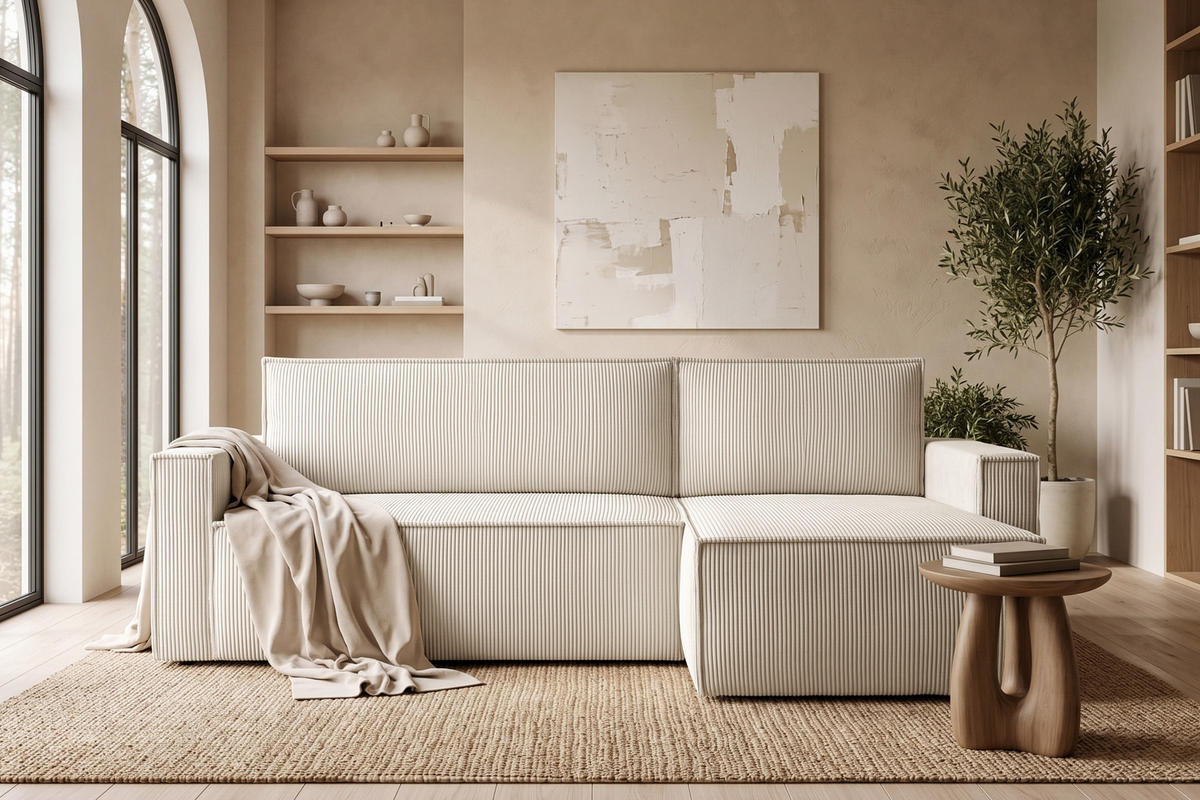 ECKSOFA-LINKS/RECHTS NAPI Schlaffunktion mit Cordbezug, beige - Ecru/Schwarz, Textil (246/148cm) - KONSIMO®