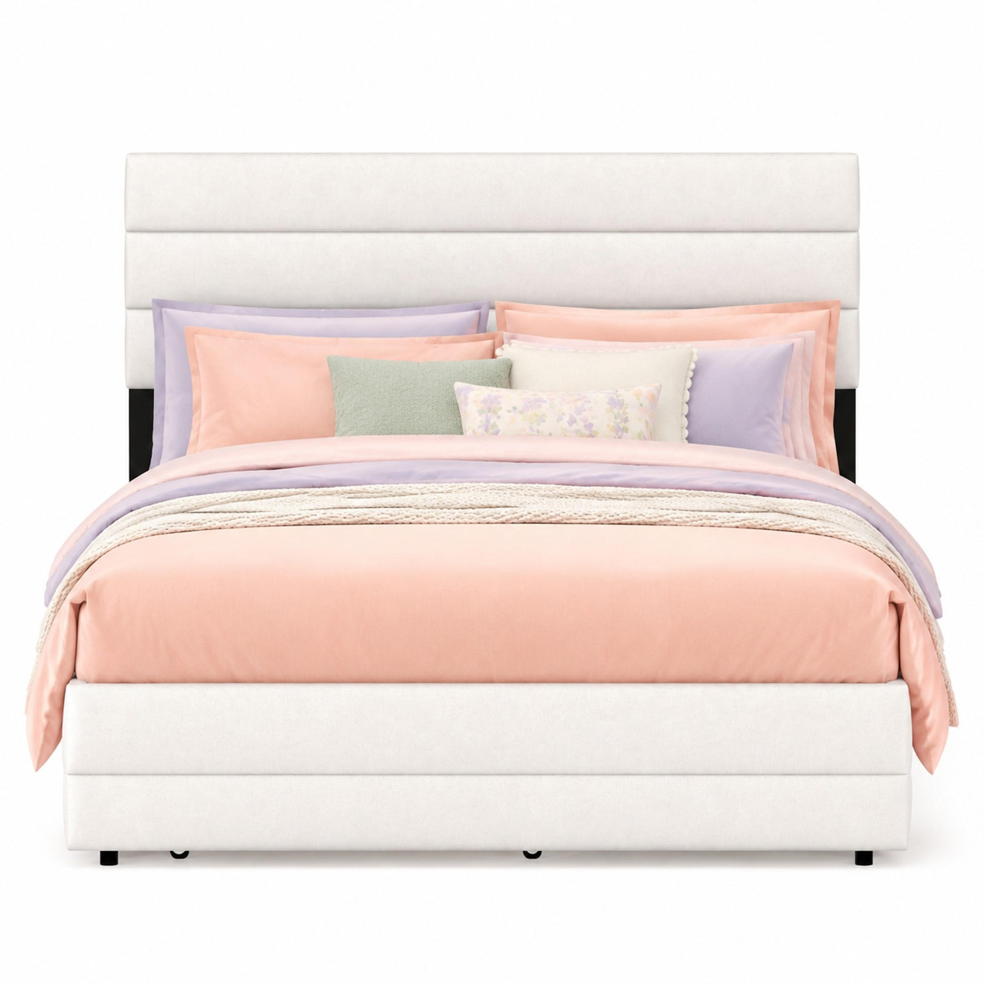 JUGENDBETT 140/200 mit zwei ausziehbaren Schubladen, Rollcontainer und höhenverstellbarem Kopfteil in Beige - Weiß, Holzwerkstoff/Textil (140/200cm) - EVRYAE