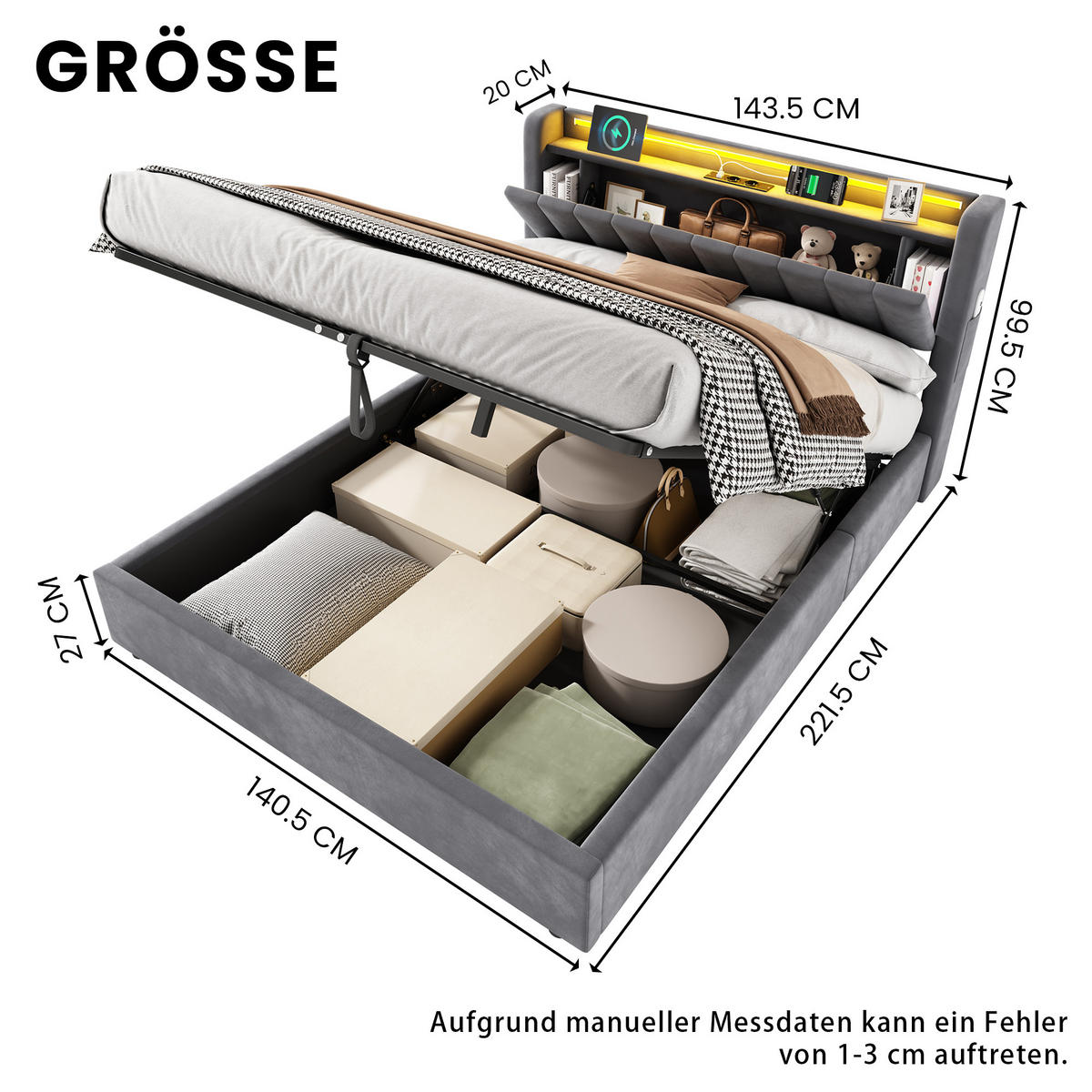 POLSTERBETT 140/200 cm Grau mit LED-Lichtleiste und USB-Anschlüssen - Grau, Holzwerkstoff (140/200cm) - OKWISH