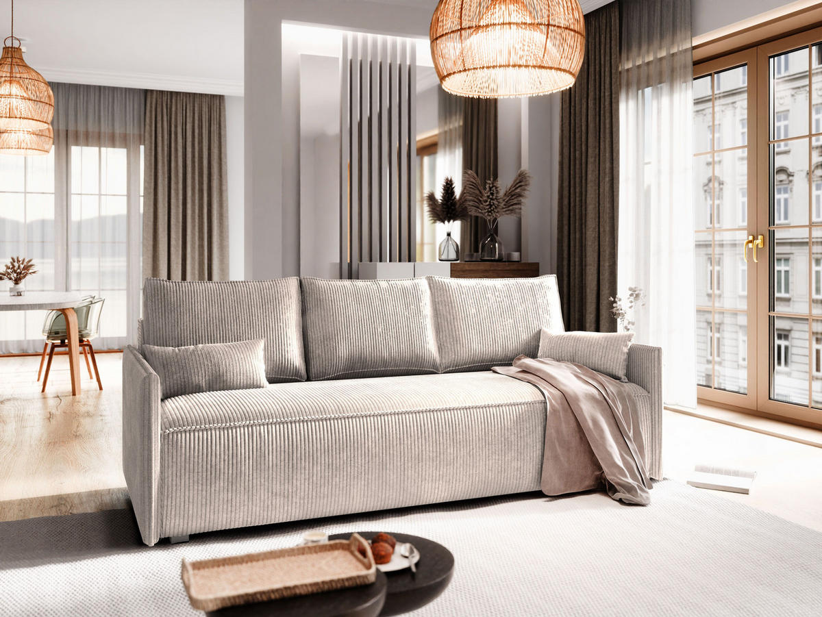 BETTSOFA MESTOR Beige Kordstoff mit Schlaffunktion - Beige, Textil (206/83/87cm) - MASSENO