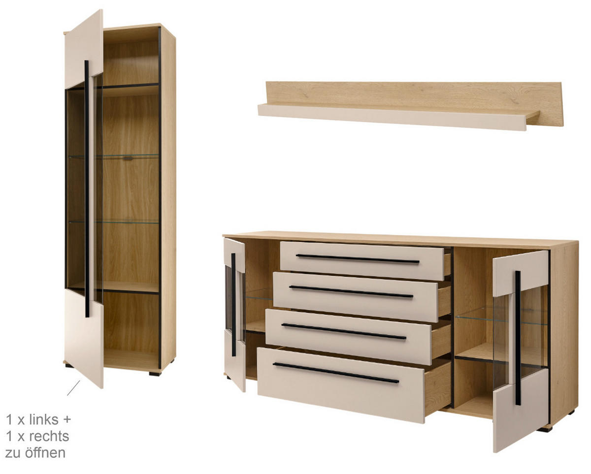 WOHNWAND Kaschmir, Eiche 4-teilig 340 cm, Schrankwand Set mit Soft-Close - Kaschmir/Eichefarben, Glas/Holzwerkstoff (340/200/42cm) - Furn.Design
