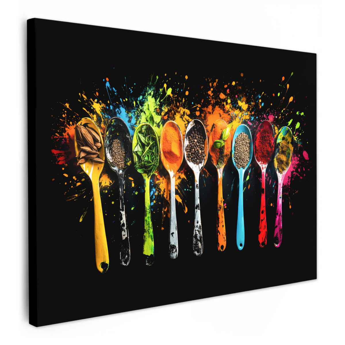 LEINWANDBILD Löffel - Gewürze - Modern - Graffiti - Farbe - Farbenfroh Wandbilder 80x60 cm - Multicolor, Textil (80/60cm) - MuchoWow