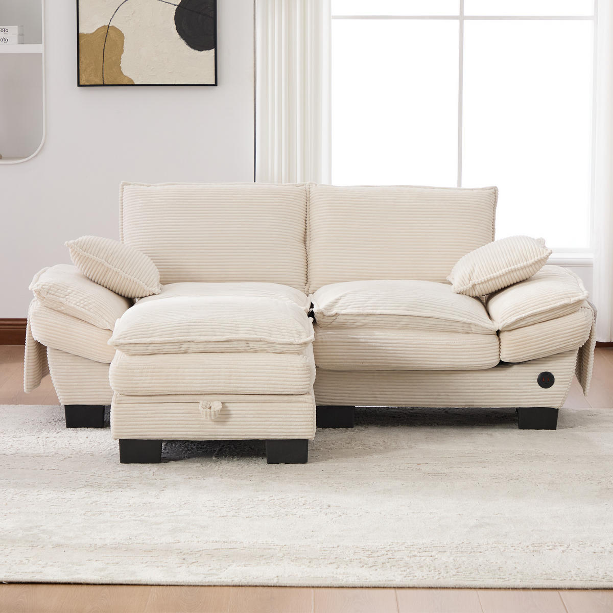 2-SITZER SOFA Cord Beige mit Hocker, USB-C und Seitentaschen - Beige, Holzwerkstoff/Kunststoff (190/132cm) - WISHDOR