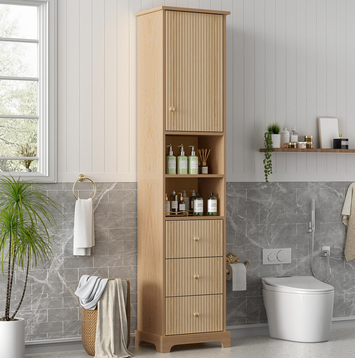 BADEZIMMER-HOCHSCHRANK 40x30x172 cm Natur aus Holzwerkstoff mit Schubladen & Soft-Close - Naturfarben, Holzwerkstoff (40/172/30cm) - Modfu