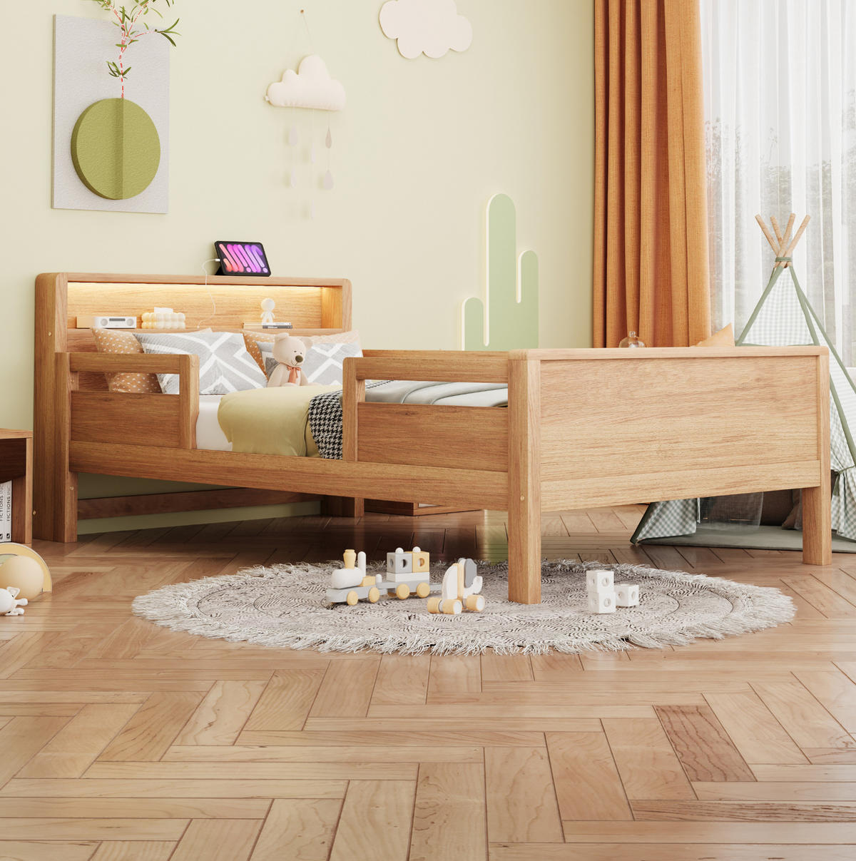KINDERBETT 90/200 cm mit LED-Leuchte, USB- und Type-C-Anschluss, Kopfteil mit Ablage und Seitengittern, farbe - Naturfarben, Holzwerkstoff (90/200cm) - Redom