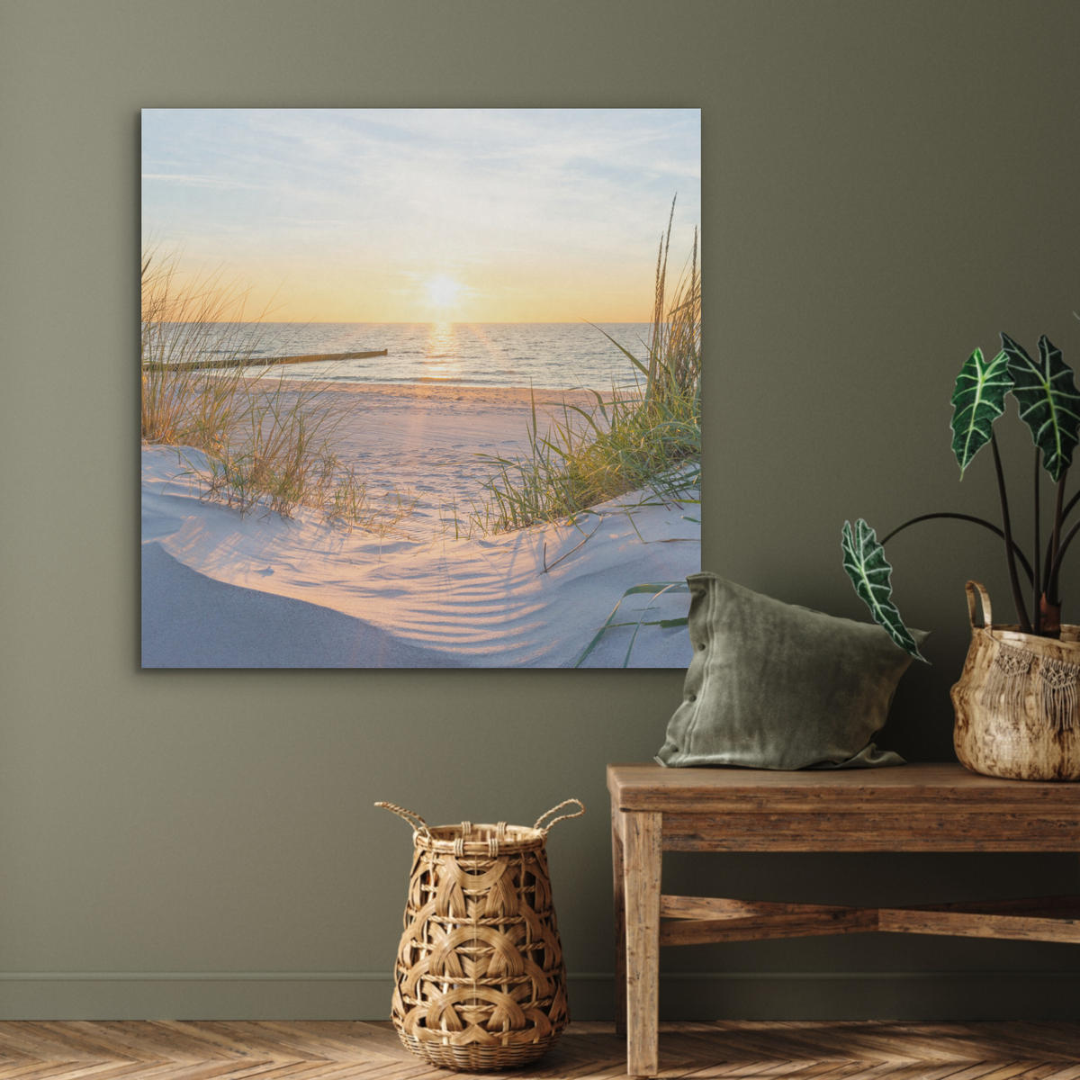 AKUSTIKPANEEL Strand - Sonne - Düne - Gras - Sand - Horizont 90x90 cm - Hellblau, Textil (90/0.9/90cm) - MuchoWow
