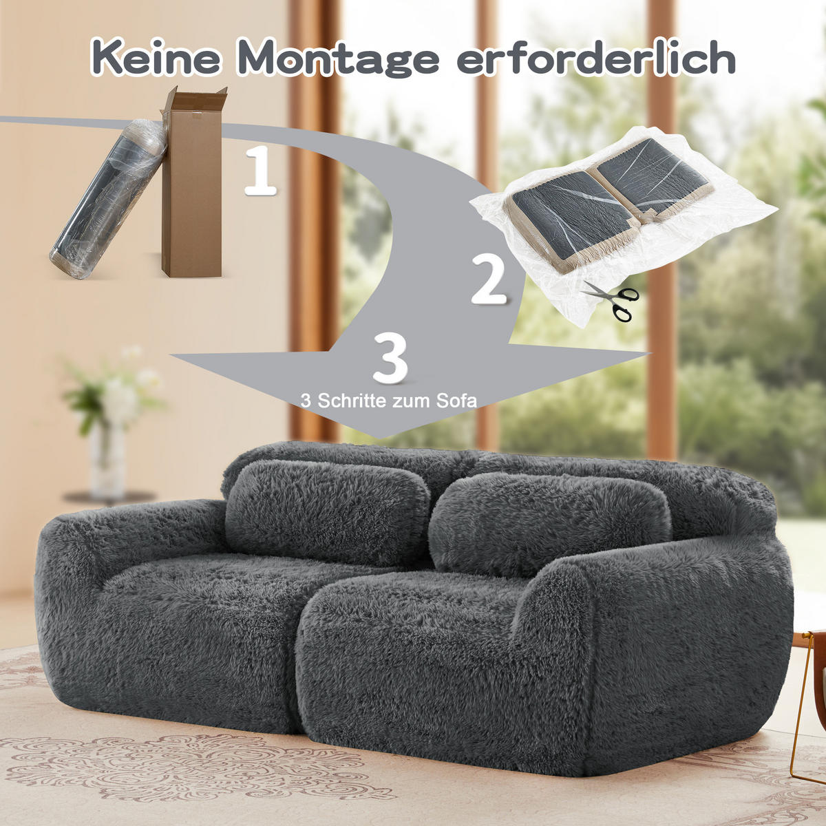 SOFA in Grau aus Plüsch, modular und rahmenlos mit Kissen - Grau, Textil (104/73/204cm) - Flora Grace