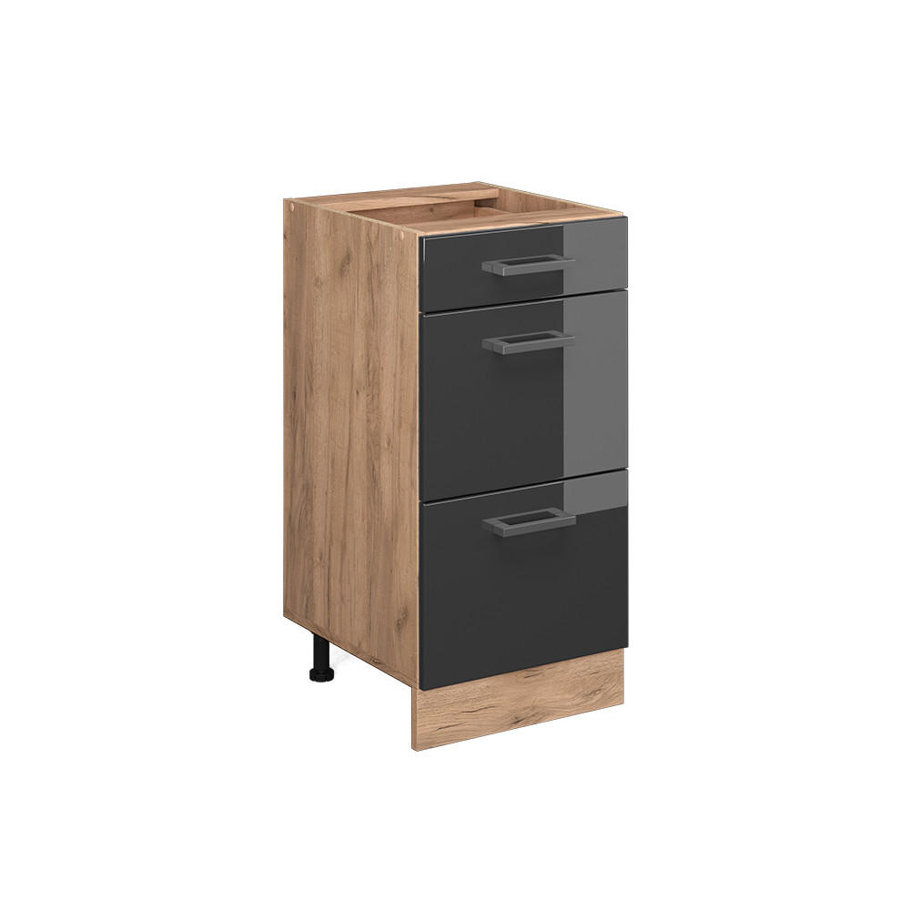 KÜCHENUNTERSCHRANK R-Line Anthrazit Hochglanz 40 cm mit Schubladen ohne AP - Honigeiche/Schwarz Hochglanz, Holzwerkstoff (40/81.6/46cm) - Vicco