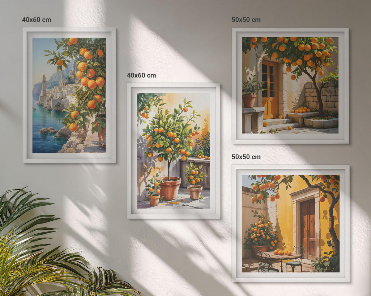 BILDER SET 4er Set - 50x50 cm & 40x60 cm Weißer Rahmen - Gemalte Zitruslandschaften - Weiß, Kunststoff (50/50cm) - TULUP