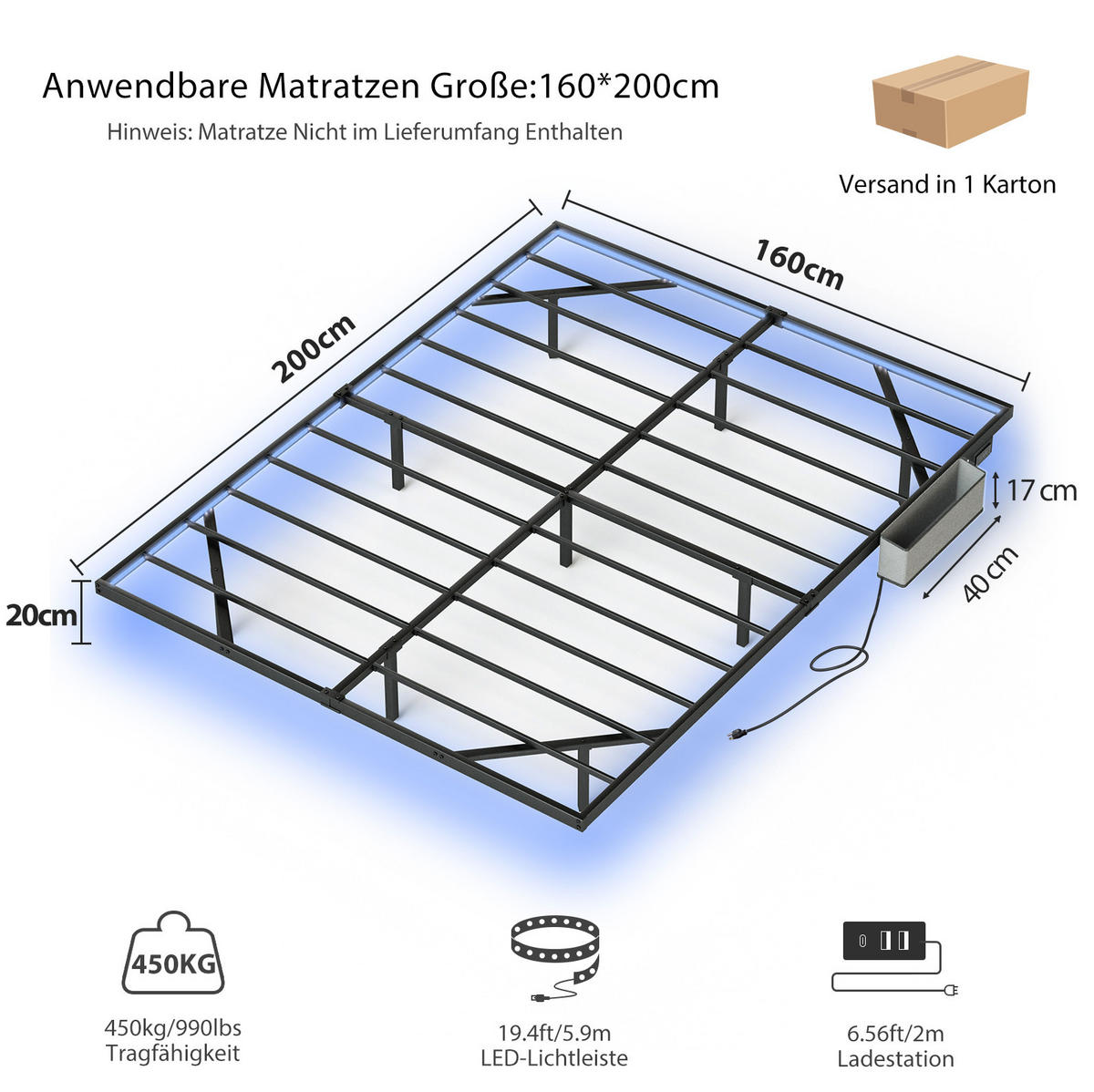 JUGENDBETT Metallbett 160/200 cm aus Stahl mit LED-Beleuchtung und Ladestation Schwarz - Schwarz, Metall (160/200cm) - Modenvie