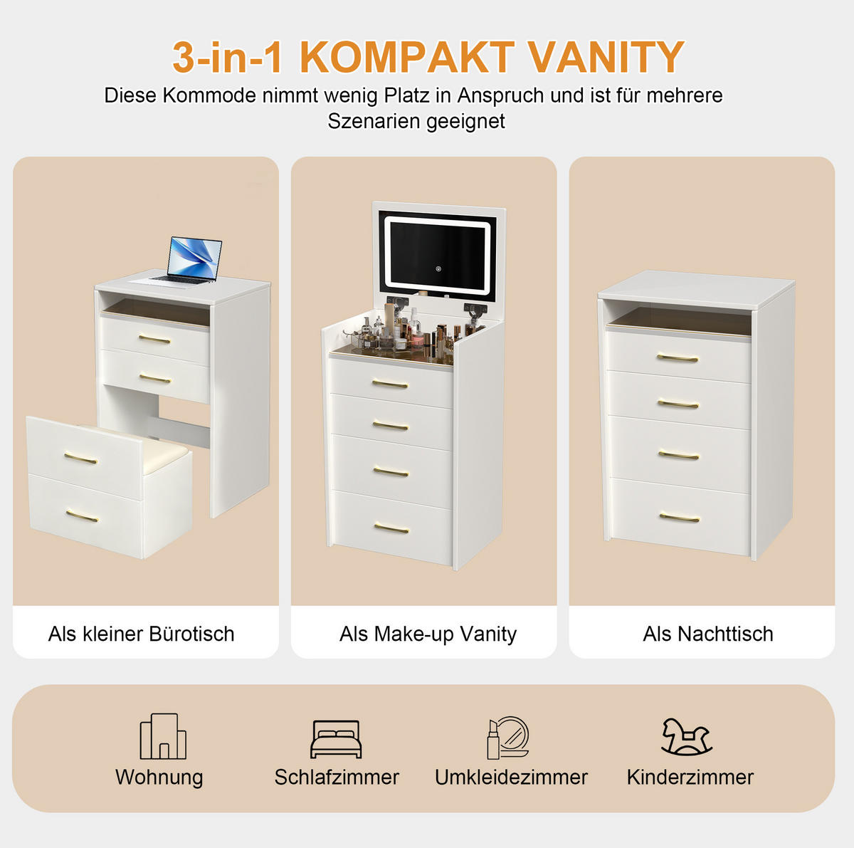 SCHMINKTISCH 40/60/118 cm mit aufklappbarem Spiegel, Stauraum und Hocker, Weiß - Weiß, Holzwerkstoff (60/118/40cm) - Redom