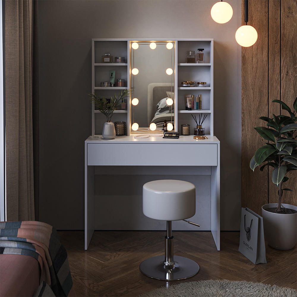 SCHMINKTISCH Alexa Weiß 93 cm mit LED Beleuchtung und Hocker - Weiß, Holzwerkstoff (93/147/40cm) - Vicco