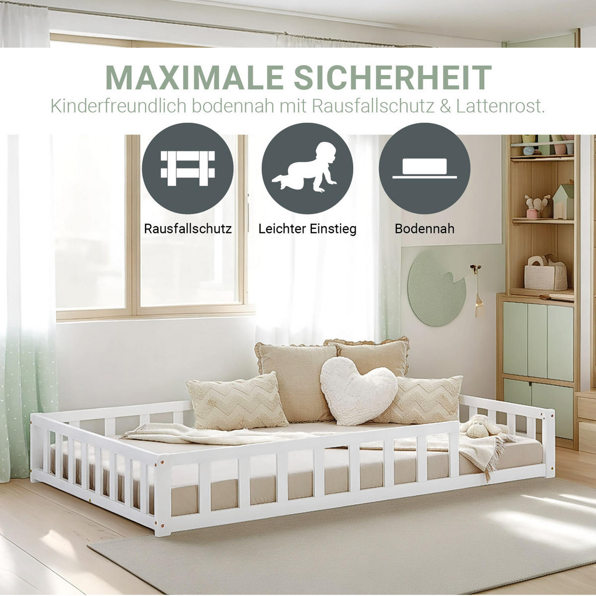 BODENBETT 120x200 cm in weiß Lattenrost + Matratze - Weiß, Holz (90/200cm) - Homestyle4u