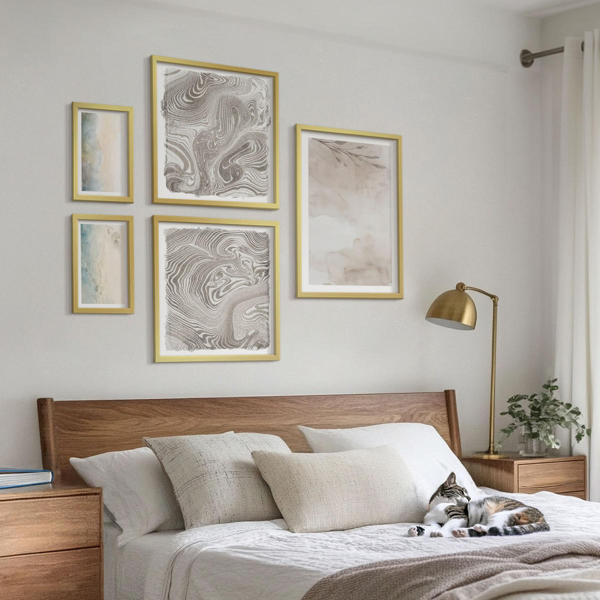 WANDBILDER 5er Set - 50x50 cm & 20x30 cm & 40x60 cm Goldrahmen - Zarte Aquarellkartons - Goldfarben, Kunststoff (40/60cm) - ArtPrintCave