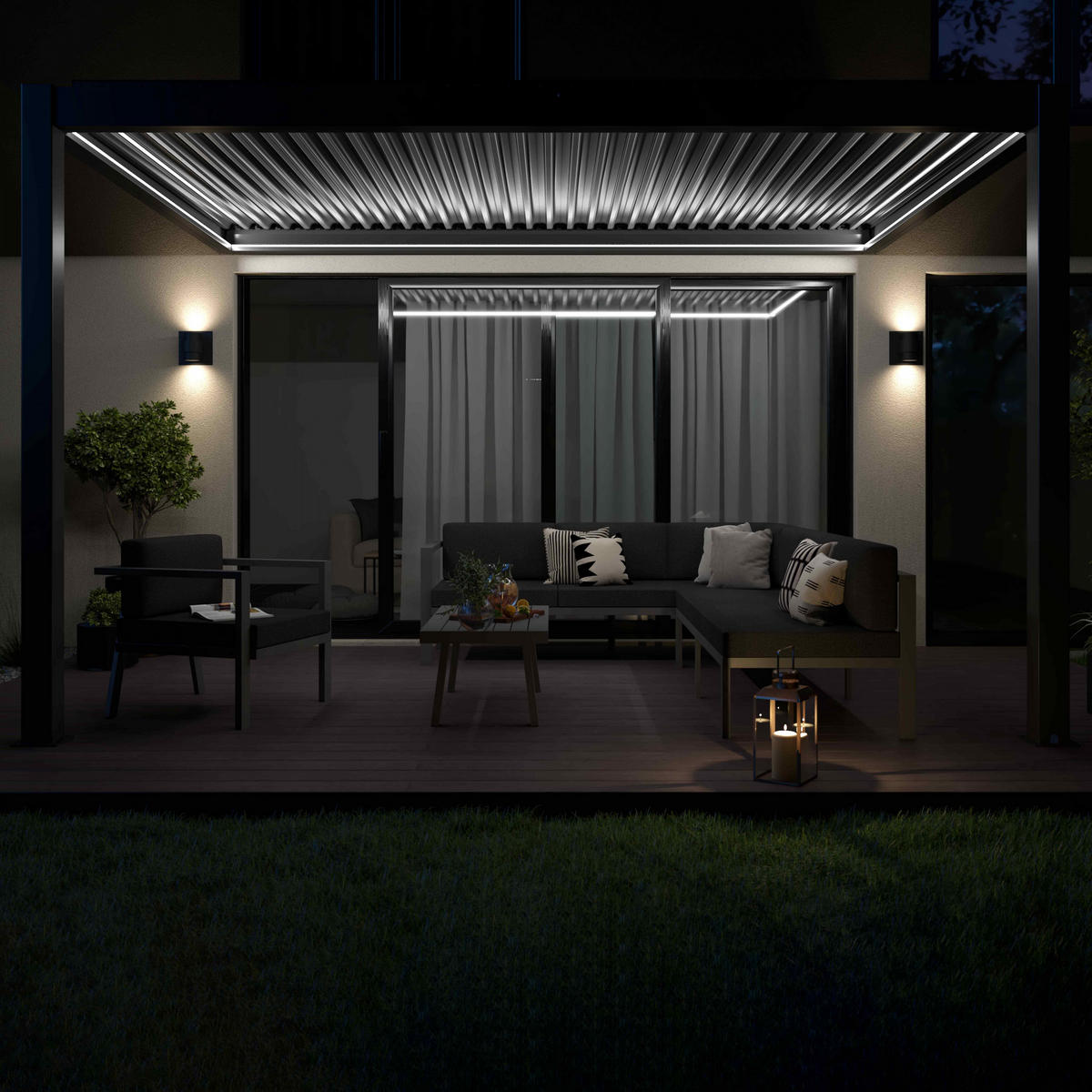 PERGOLA 3x4m, beleuchtet, motorisiert mit 2 Markisen, Grau - Grau, Metall (275/257/397cm) - Oviala