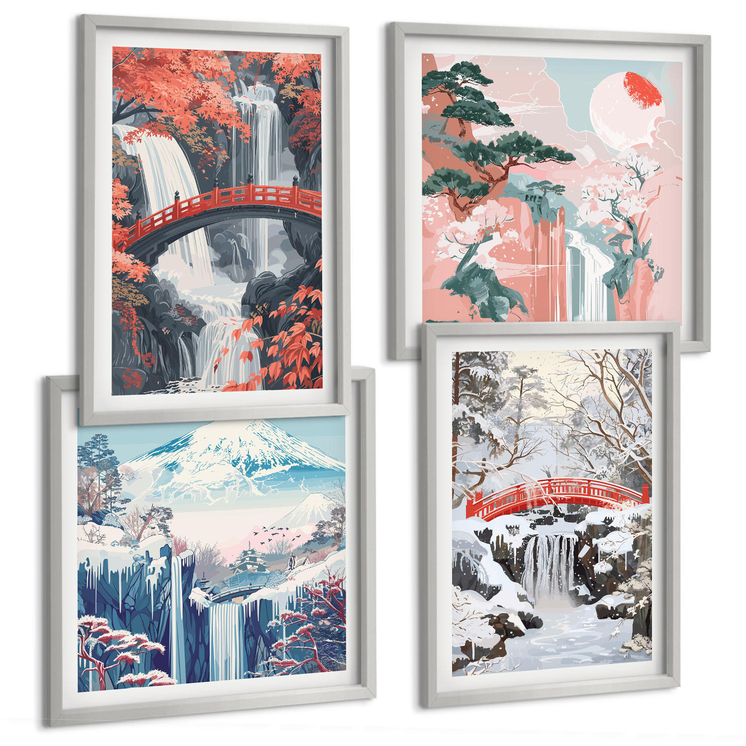 BILDER SET 4er Set - 50x50 cm & 40x60 cm Silberner Rahmen - Berglandschaften und Wasserfälle - Silberfarben, Kunststoff (50/50cm) - TULUP