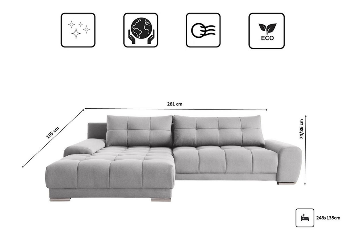 ECKSOFA WAVE Mit Schlaffunktion, Stoff SORO, Hellgrau Links - Hellgrau, Holz (105/281cm) - Kaiser Möbel