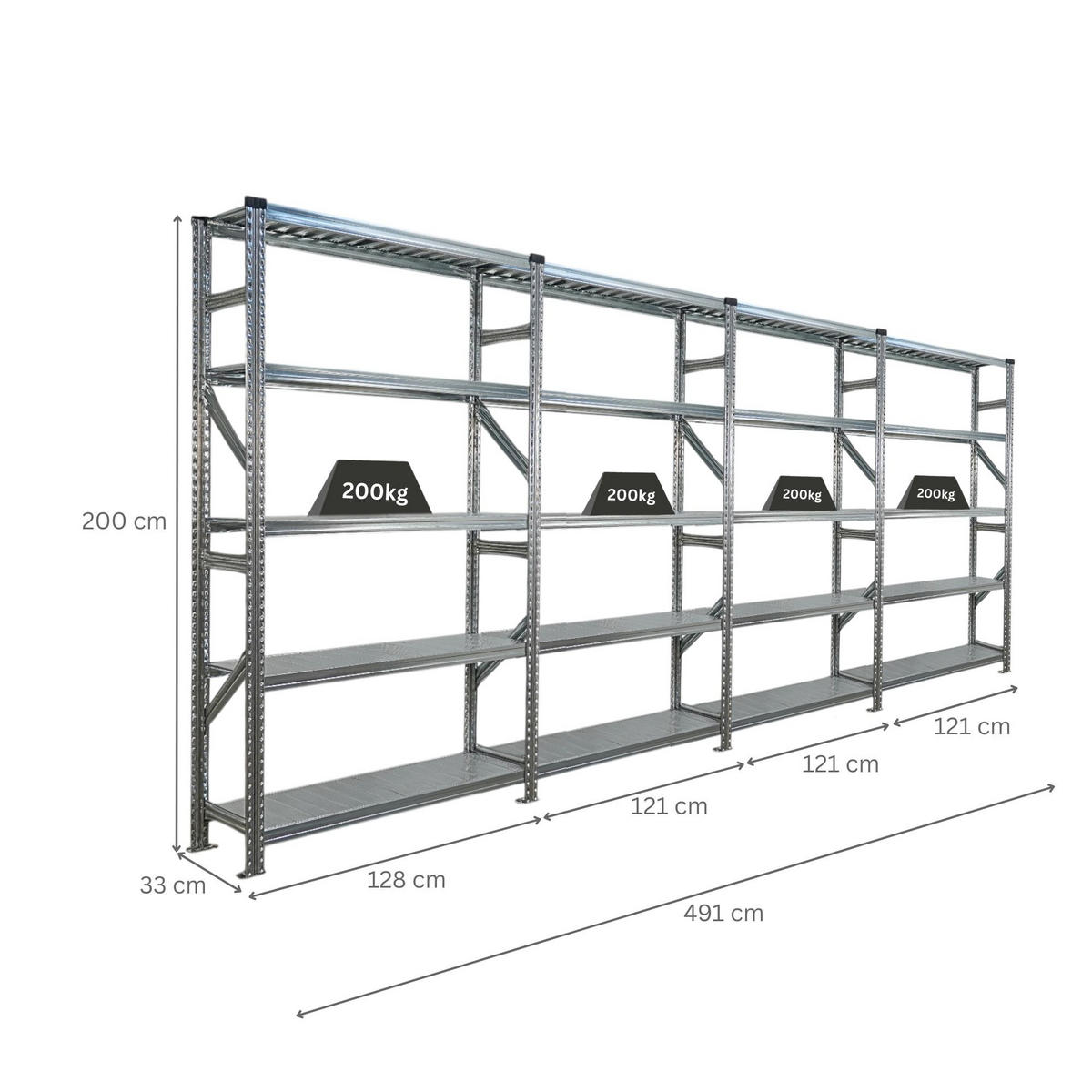 FACHBODENREGAL Proximo 200x480x32cm 5 Ebenen Fachlast 200 kg Beidseitig nutzbar Verzinkt - Silberfarben, Metall (480/200/32cm) - PROREGAL