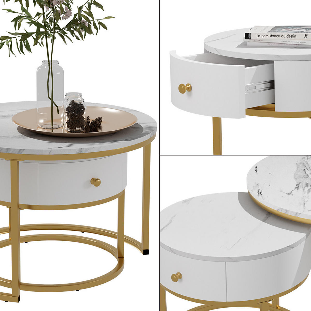 COUCHTISCH-SET Madrid Marmor Weiß 70 x 70 cm , kleiner Tisch mit Schublade - Weiß Hochglanz, Holzwerkstoff (70/70/48cm) - Vicco