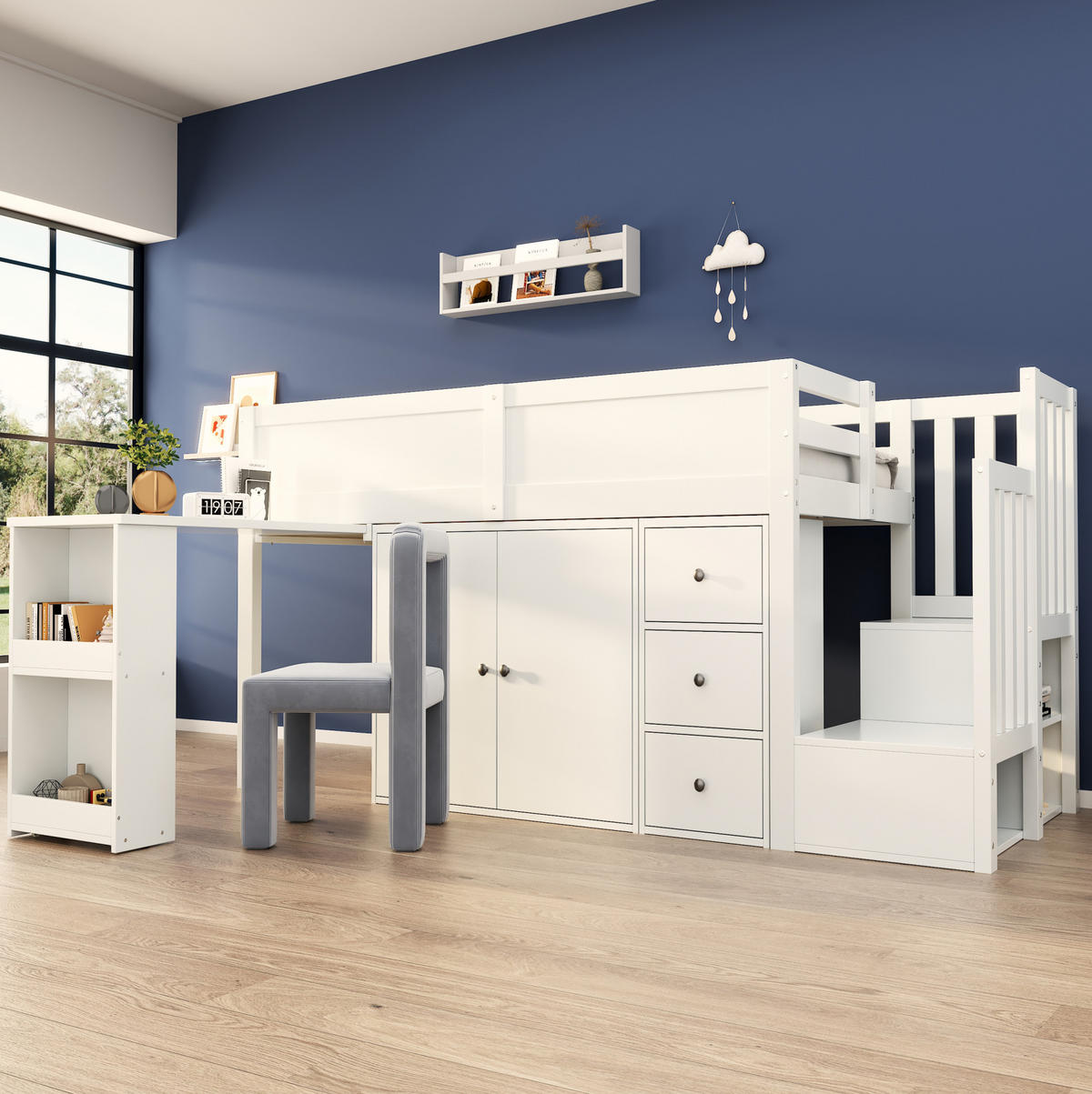 PATROVÁ postel 90/200 cm bílá z MDF s psacím stolem a úložným prostorem - bílá, kompozitní dřevo (90/200cm) - OKWISH