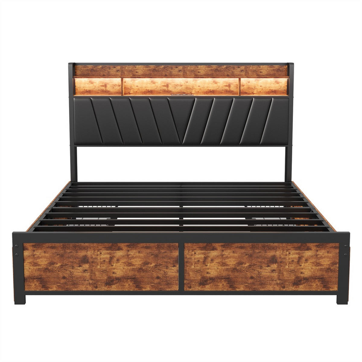 DOPPELBETT 180x200 cm - Metallbett mit 2-stufigem Regalkopfteil - 4 Schubladen und LED-Beleuchtung - ohne Matratze - Schwarz - Schwarz, Metall (180/200cm) - DELFA