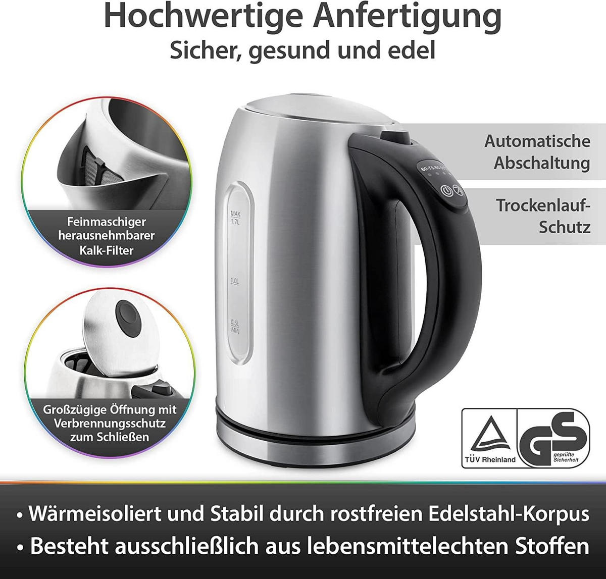 WASSERKOCHER – 2200W Edelstahl 1,7L mit Temperaturregelung 60–90°C, LCD Display, BPA-frei, 360° Basis, Schnelles Aufkochen, Überhitzungsschutz - Silberfarben/Schwarz, Kunststoff/Metall (22/15/22cm) - camry
