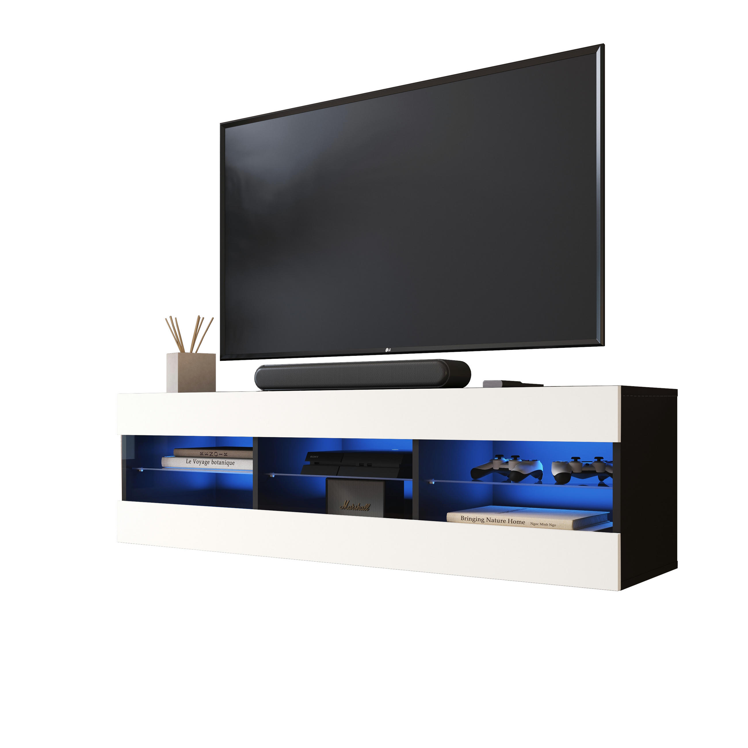 LOWBOARD TIVOLI RTV 140, Weiss, LED Blau - Schwarz/Weiß, Glas/Holzwerkstoff (140/40.5/35.5cm) - Komodee