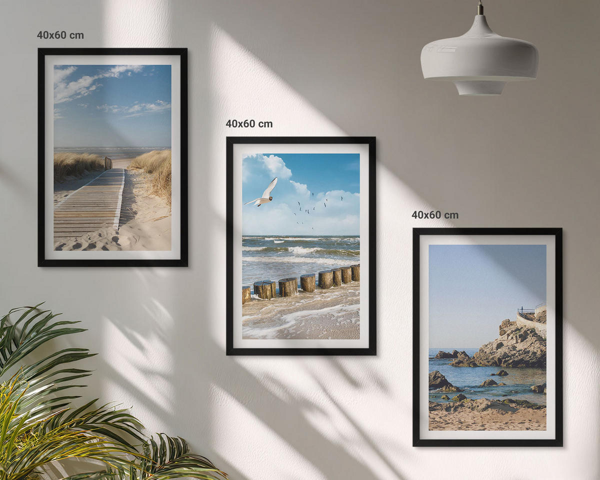 WANDBILDER 3er-Set - 40x60 cm Schwarzer Rahmen - Strand Holzsteg Klippen - Schwarz, Kunststoff (40/60cm) - ArtPrintCave