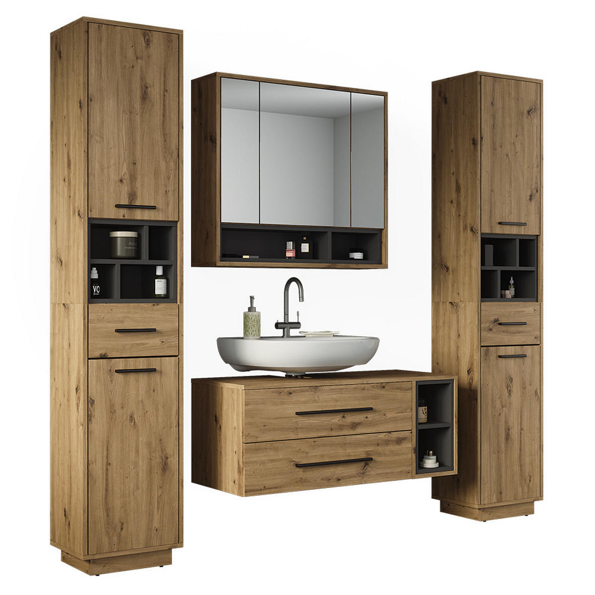 BADMÖBEL-SET Beatrice, Artisan-Eiche/Anthrazit, 4-teilig - Anthrazit/Eiche Artisan, Holzwerkstoff (100/40/40cm) - Vicco
