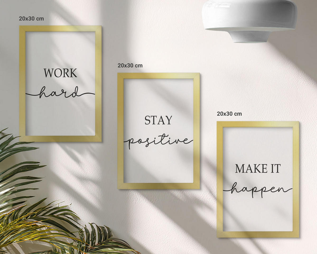 WANDBILDER 3er Set - 20x30 cm Goldrahmen - Minimalistische Motivationsinschriften - Goldfarben, Kunststoff (20/30cm) - ArtPrintCave