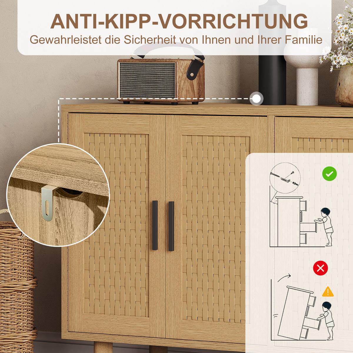 SIDEBOARD Rattanschrank mit 4 Türen, Wohnzimmerschrank Stauraum, 80/140/80 cm - Naturfarben, Holz/Metall (40/80/140cm) - PARAFTA HOME