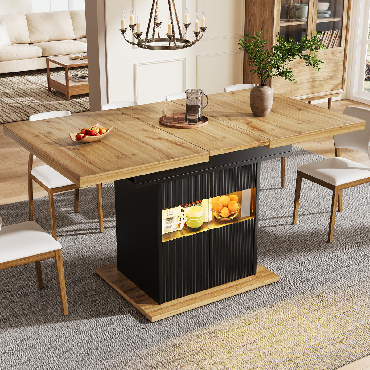 ESSTISCH Ausziehbar LED Stauraum Schwarz Holz - Schwarz, Metall (80/110/76cm) - FLIEKS