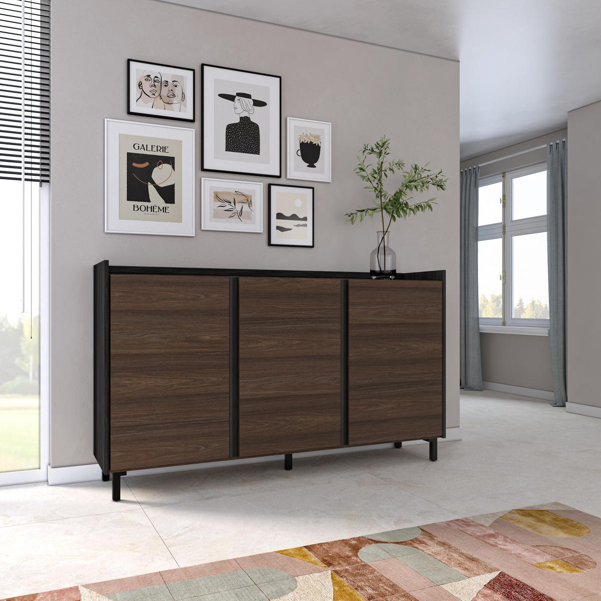 SIDEBOARD, Dunkler Eiche und Schwarz, 156/35/91cm, mit Beinen - Dunkelbraun, Holzwerkstoff (156/91/35cm) - Skraut Home