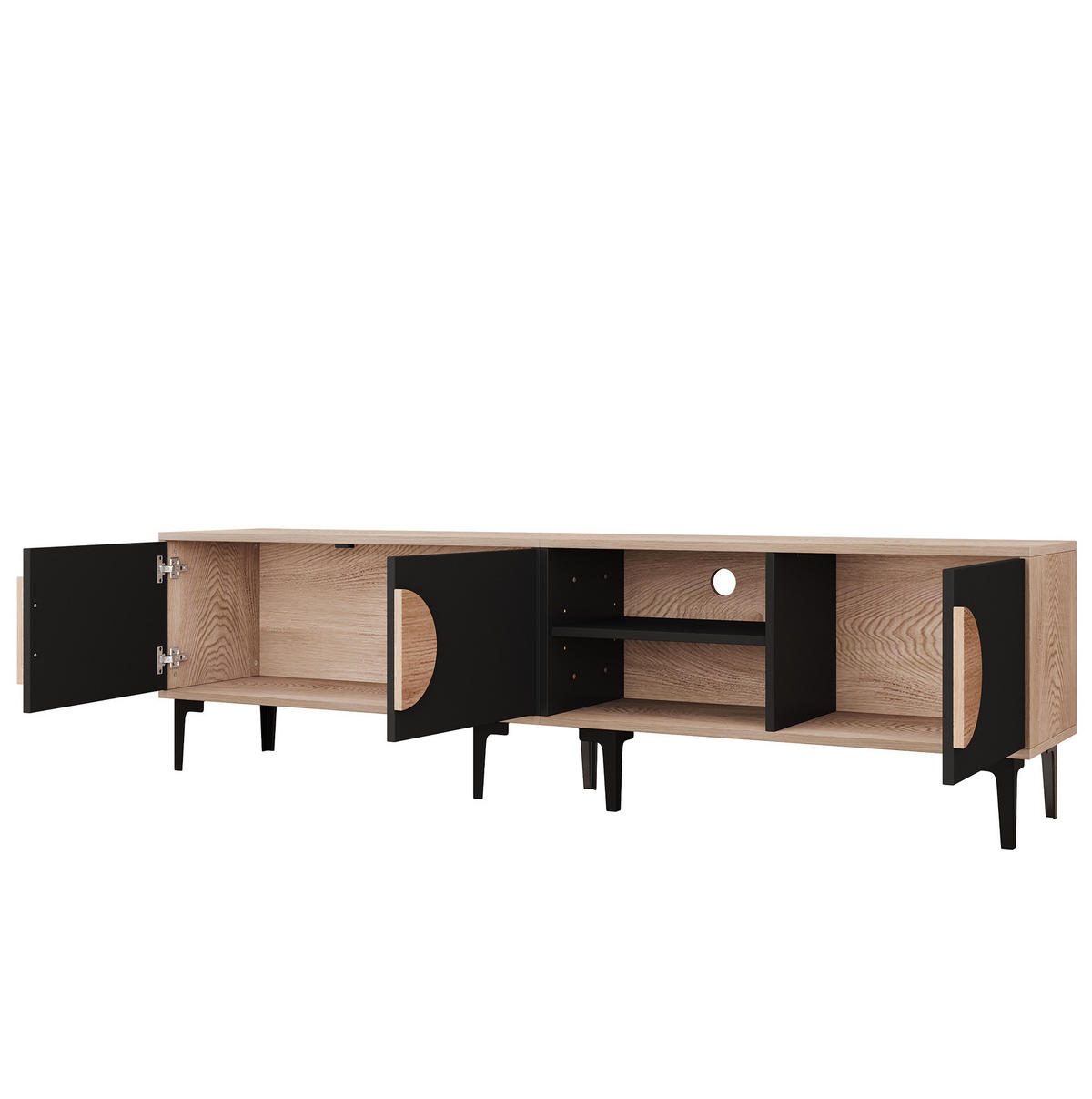 TV-LOWBOARD aus Spanplatte 180x35x49 cm Naturholz/Schwarz mit 3 Türen und offenen Fächern - Schwarz, Holzwerkstoff (180/49/35cm) - IVMEU