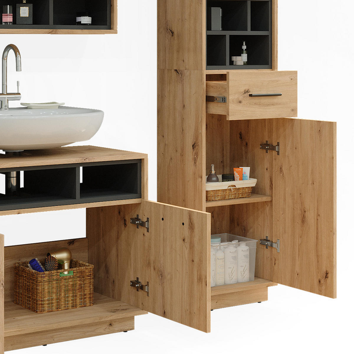 BADMÖBEL-SET Beatrice Artisan-Eiche 3 Teile, mit Hochschrank - Anthrazit/Eiche Artisan, Holzwerkstoff (80/64/40cm) - Vicco
