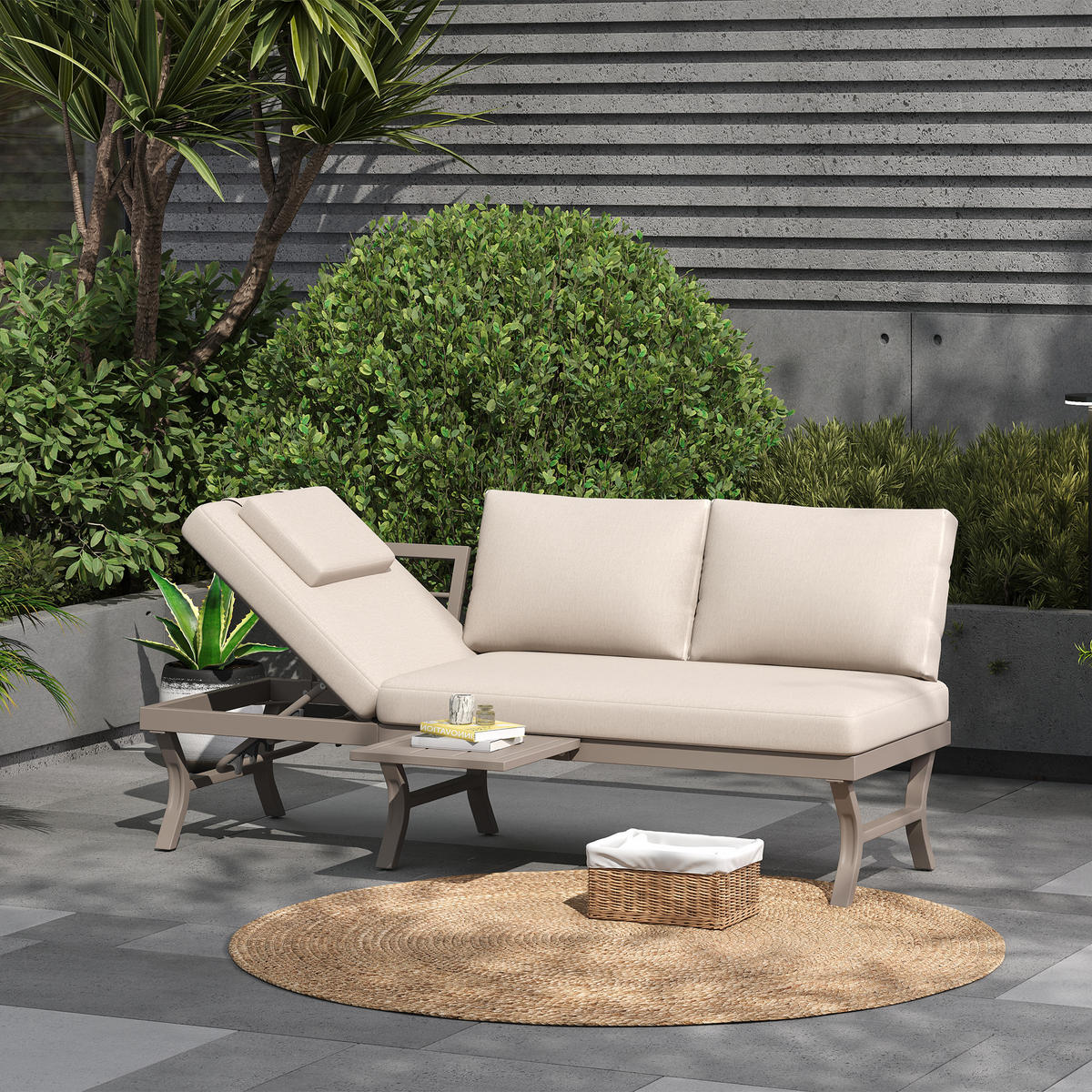 GARTENMÖBEL-SET 3-Sitzer Sofa Verstellbar Tisch Stahl Beige - Beige, Textil (66/66/168cm) - FLIEKS