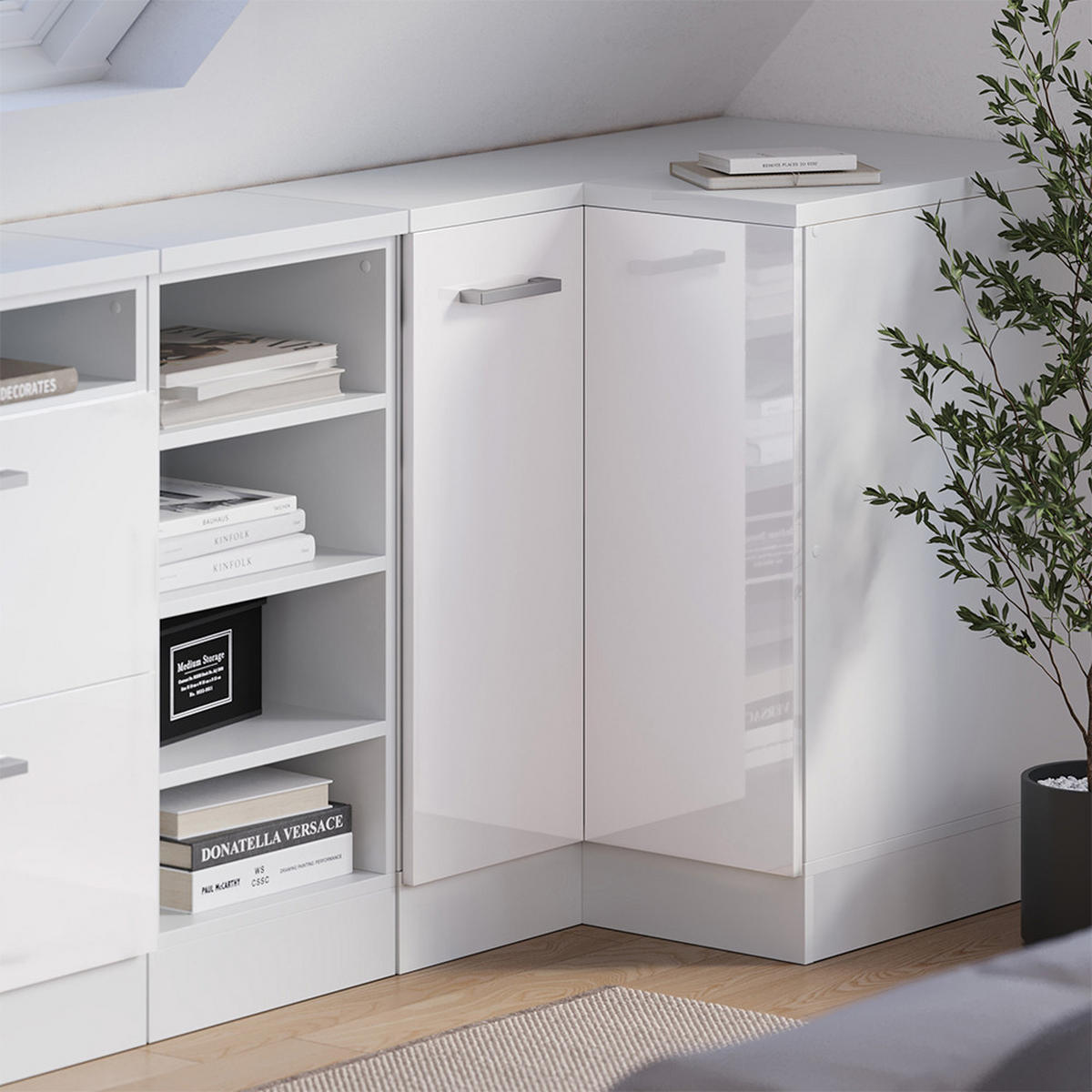 KOTNI KUHINJSKI ORMAR ZA KOSINE KROVA R-Line Sjajna Bijela 75.6 cm s 1 vratima, korpus ormarića dubine 60 cm - bijela/bijela visoki sjaj, drvni materijal (75.6/83.8/60cm) - Vicco