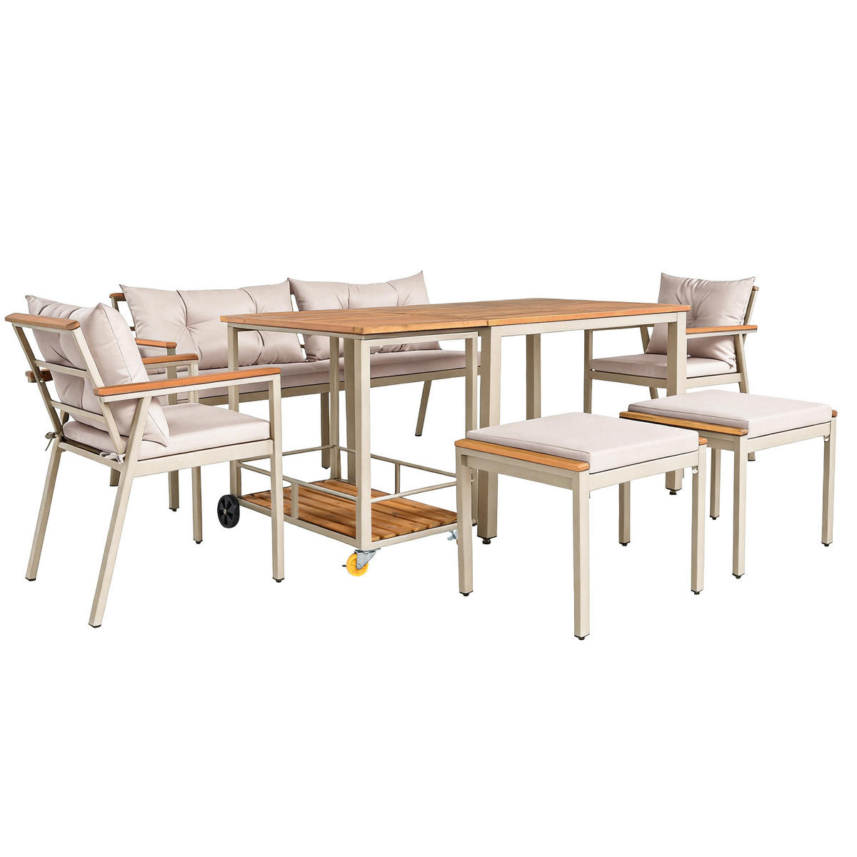 GARTEN-ESSGRUPPE 171/35/81 cm eige/Natur aus Akazienholz mit Servierwagen für 6-7 Personen - Beige, Metall - OKWISH