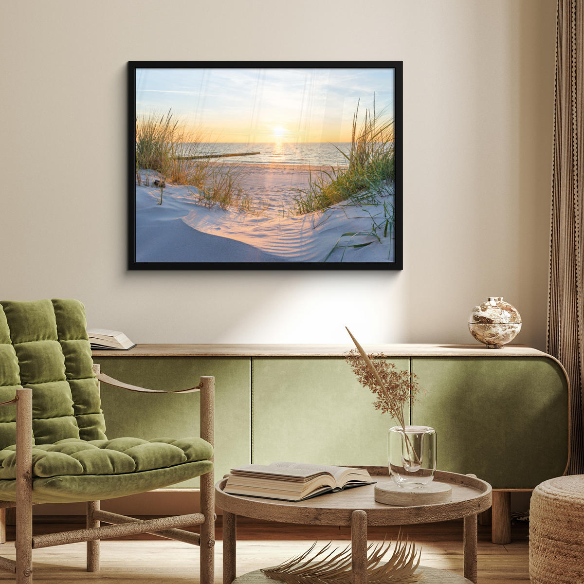 ZARÁMOVANÝ PLAGÁT Pláž - Slnko - Duny - Tráva - Piesok - Horizont 80x60 cm - svetlomodrá, papier (80/60cm) - MuchoWow
