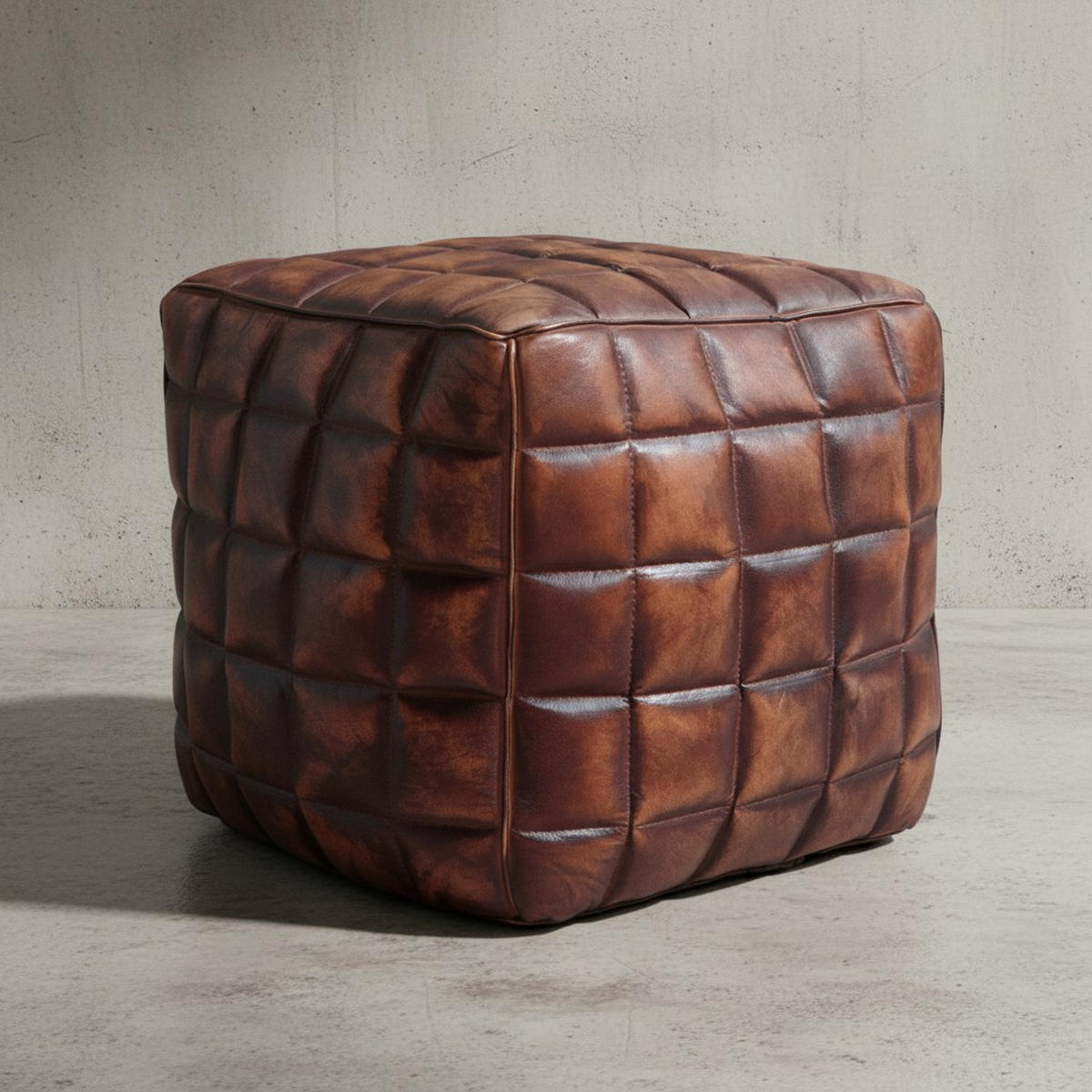 SITZHOCKER – Echtleder, 41x39x39 cm, abgesteppte Quadrate, Used-Look - Braun, Leder (39/41/39cm) - KADIMA DESIGN