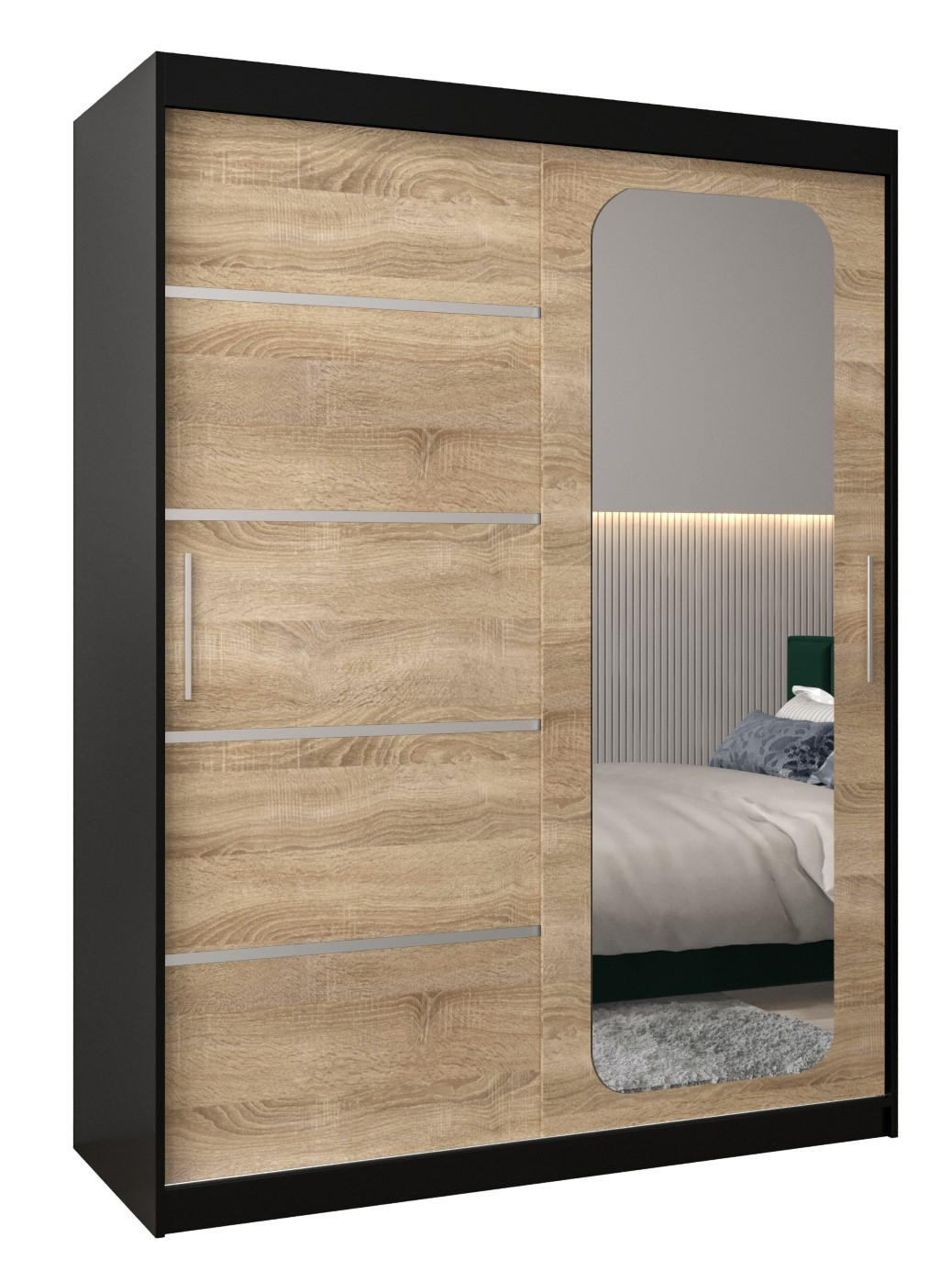 Abiks Möbel Schwebetürenschrank Schwarz, Sonoma Eiche 150x200x62 cm